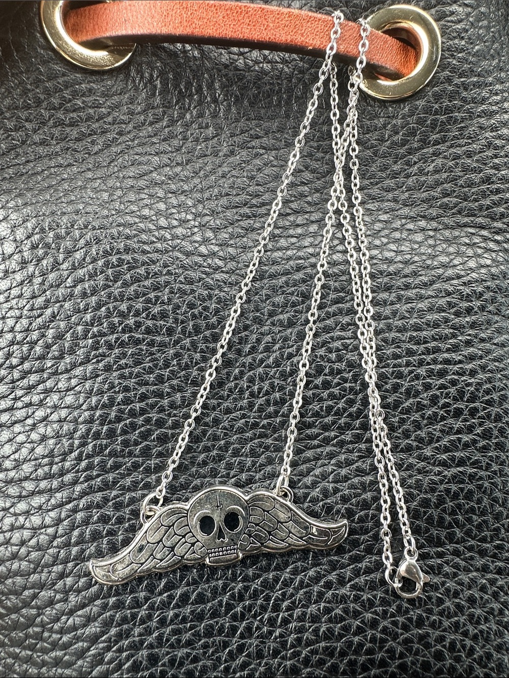 Winged Skull Pendant Necklace in Silver Tone